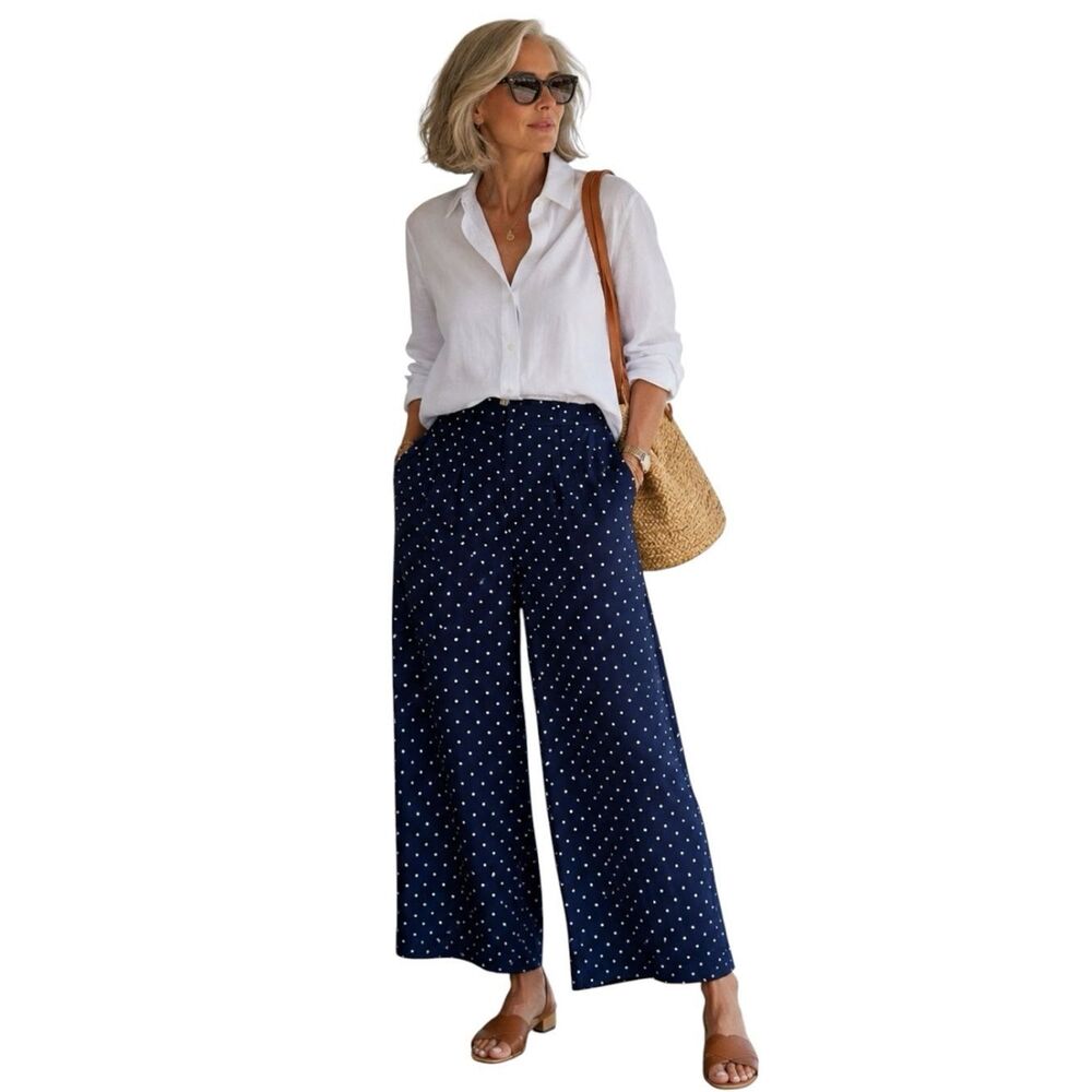 Navy Polka Dot Wide Leg High Waist Cropped Palazzo Pants Chic Minimalist M